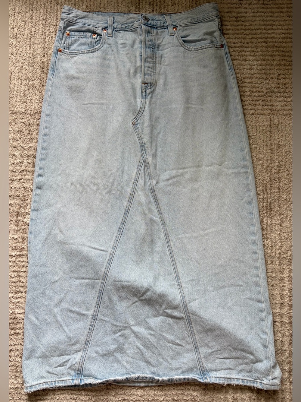 Levi’s Premium Light Wash Denim Maxi Skirt Size 31/US 12 Button Fly Raw Hem